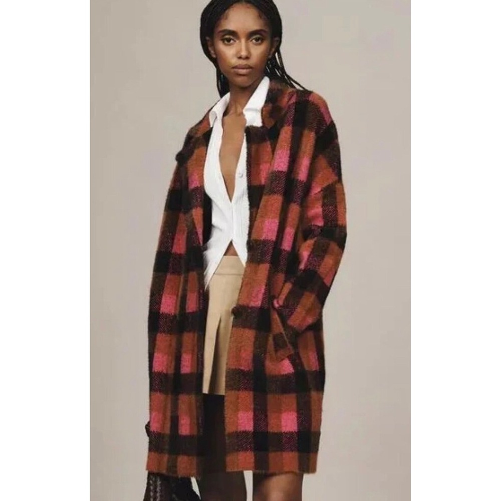 NVLT Pink Brown Buffalo Plaid Double Breasted Fuzzy Longline Coat Coatigan